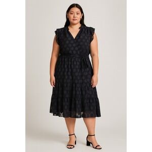 Nicole Miller Navy Polka Dot Asymmetrical Midi Dress